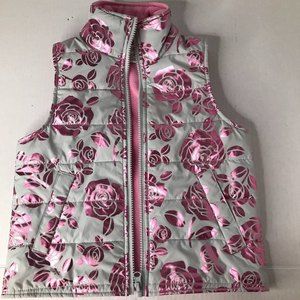 OLD NAVY GIRLS SMALL GRAY W/ PINK METALLIC FLOWERS PUFF VEST 2 POCKETS ZIP OUTER